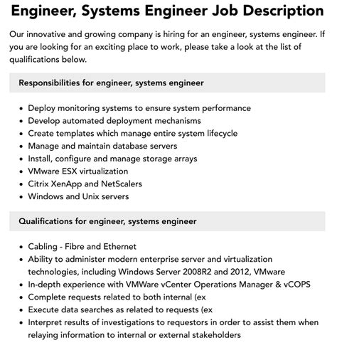 systems engineer job description